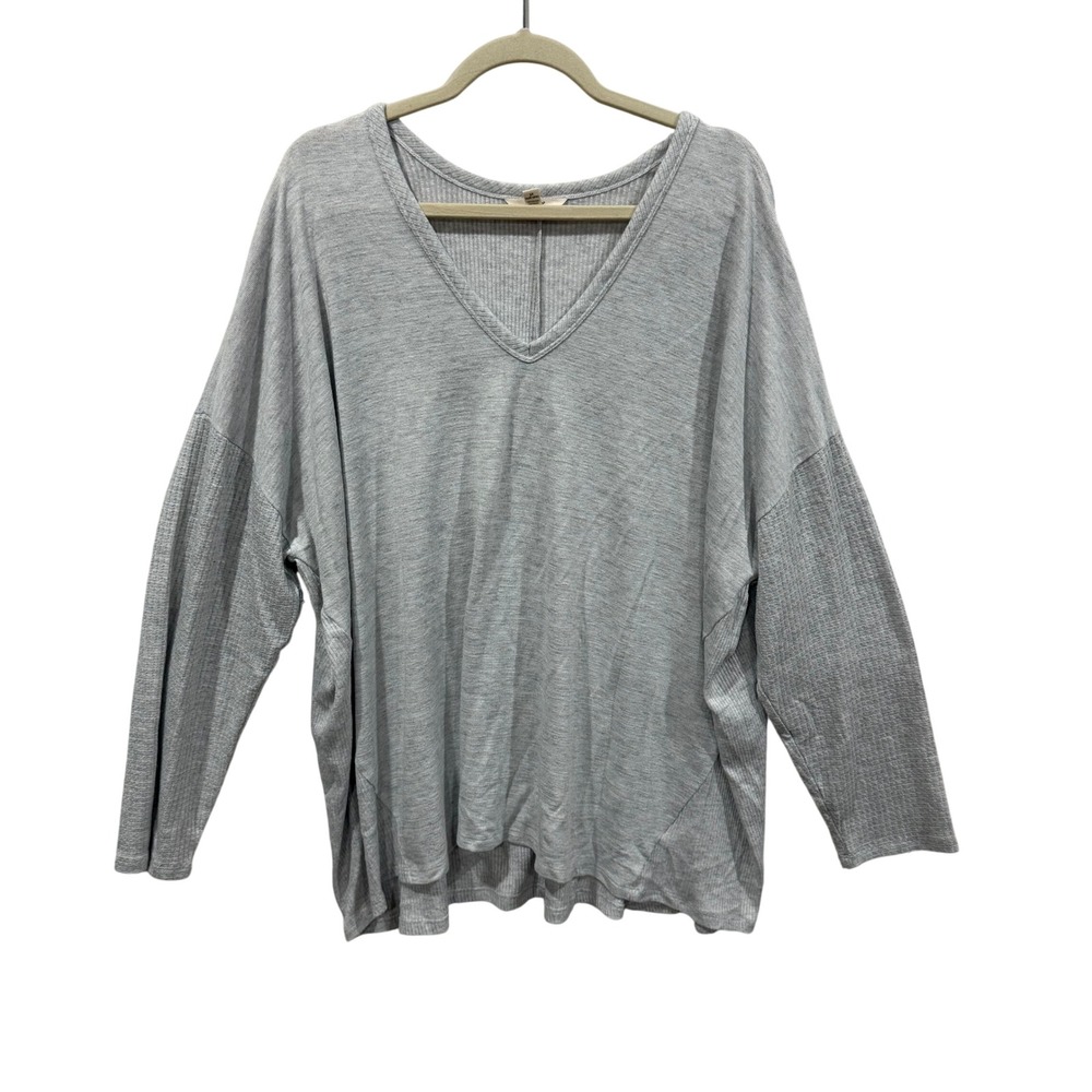 Terra & Sky Womens 3X Silver Grey V-Neck Ribbed Long Sleeve Top TS30100015401H